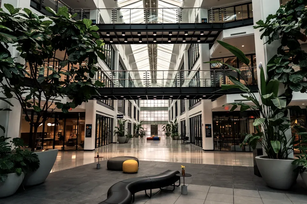 Multi-story office atrium with large indoor plants and a glazed roof