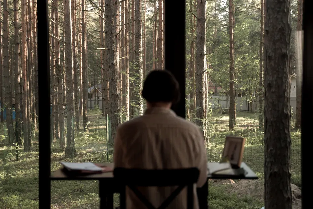 Person seen from behind working at a desk in front of a panoramic window overlooking a forest