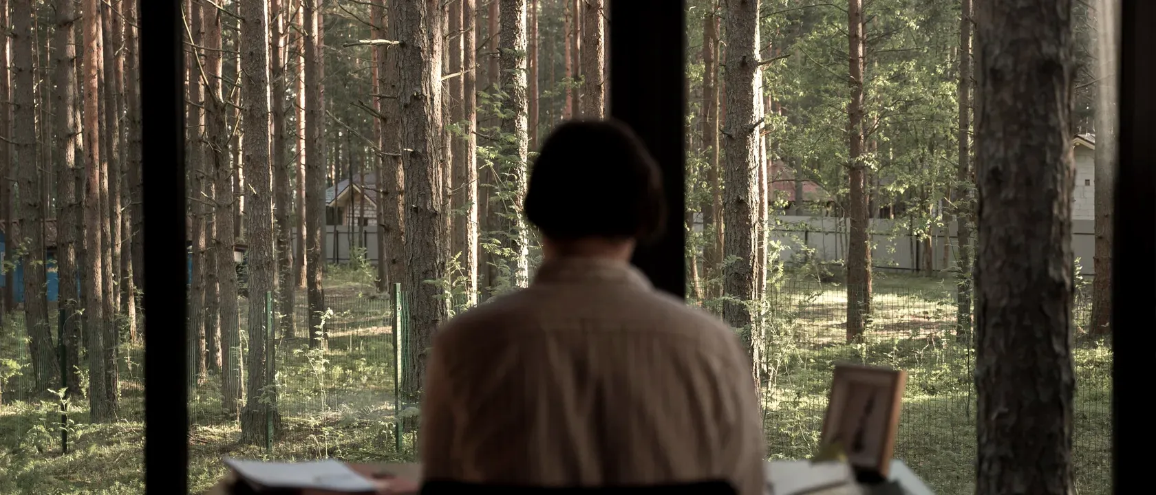 Person seen from behind working at a desk in front of a panoramic window overlooking a forest